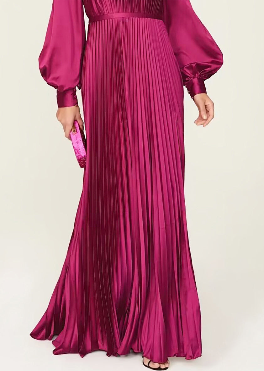 Satin Accordion Pleat Round Neck Bishop Sleeve Button Cuff Floor Length Gown