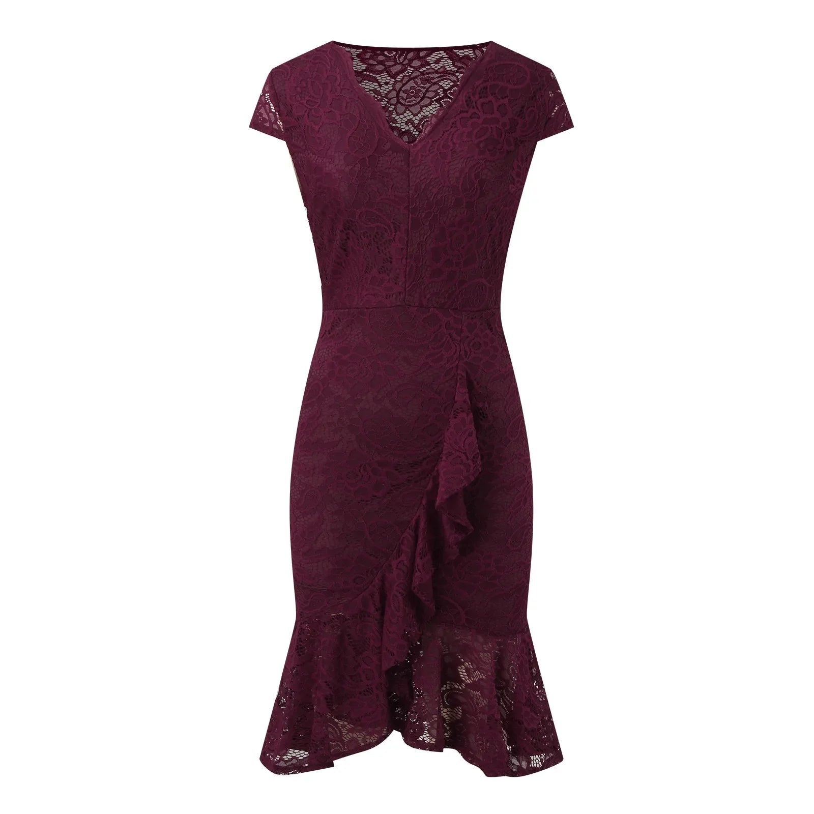 Elegant Evening Lace Sheer Floral Hollow VNeck Short Sleeve Bodycon Midi Ruffles Party Summer Dress