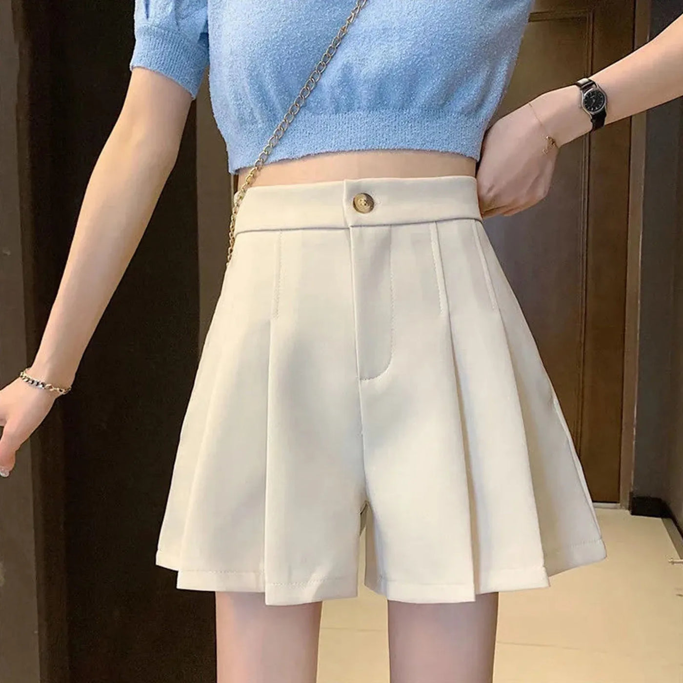 High Waisted Pleated Casual A Lined All-Match Short White / S