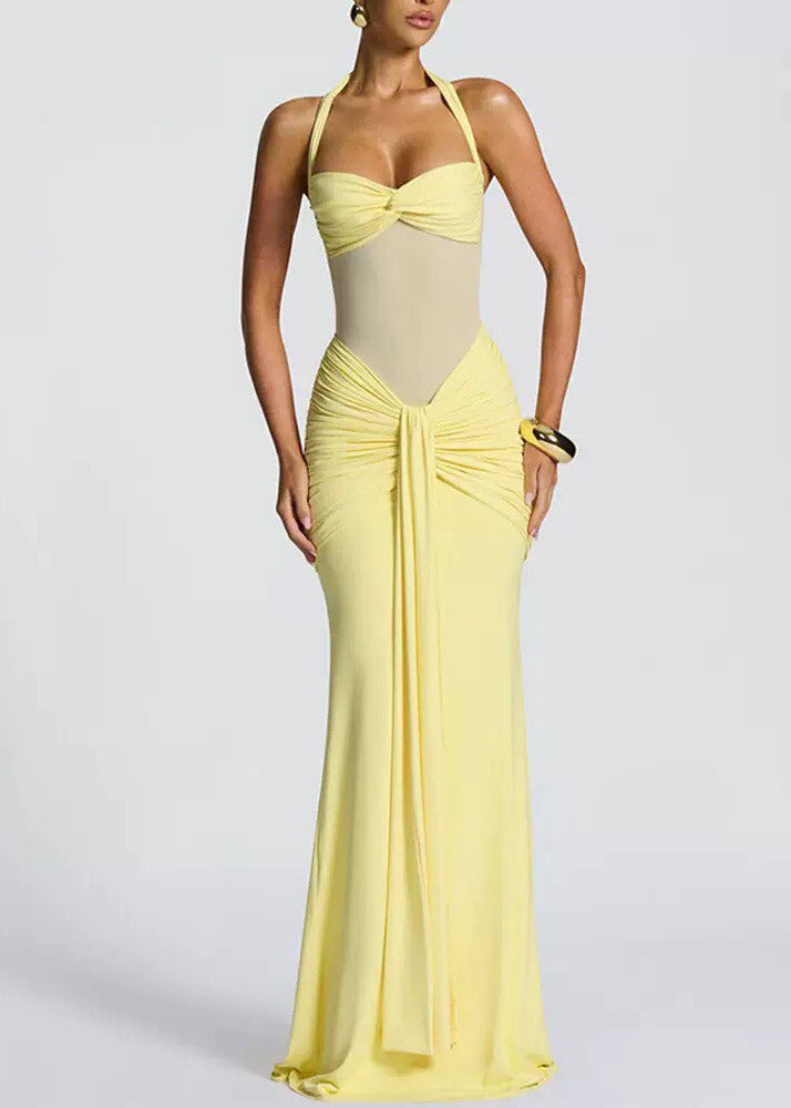 Halter Neck Twist Bust Mesh Panel Ruched Drape Front Maxi Dress