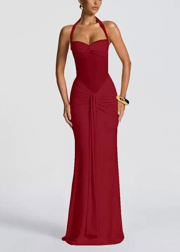 Elegant Yellow Halter Tulle Patchwork Flattering Long Dress Summer - View 4