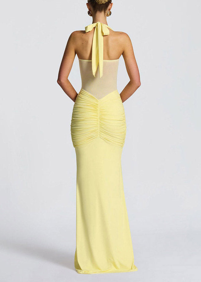 Elegant Yellow Halter Tulle Patchwork Flattering Long Dress Summer - View 5