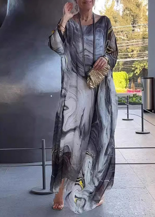 Chiffon Crew Neck Long Sleeve Oversized Kaftan Maxi Dress