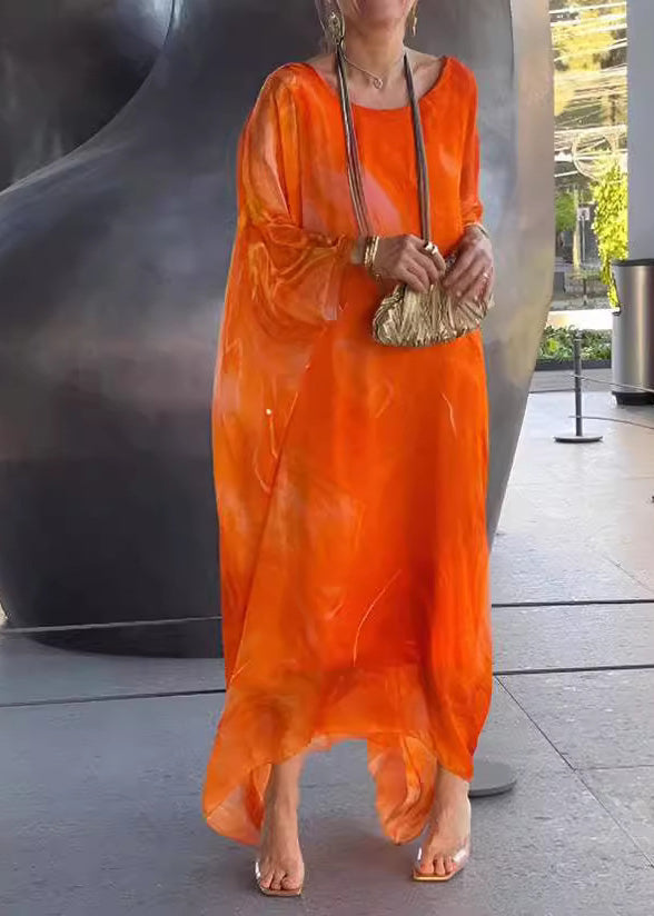 Chiffon Crew Neck Long Sleeve Oversized Kaftan Maxi Dress