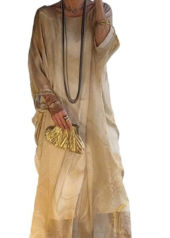 Chiffon Crew Neck Long Sleeve Oversized Kaftan Maxi Dress