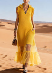 Elegant Yellow Ruffled Tulle Patchwork Knit Long Sweater Dress Sleeveless