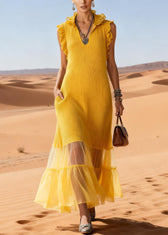 Elegant Yellow Ruffled Tulle Patchwork Knit Long Sweater Dress Sleeveless 3