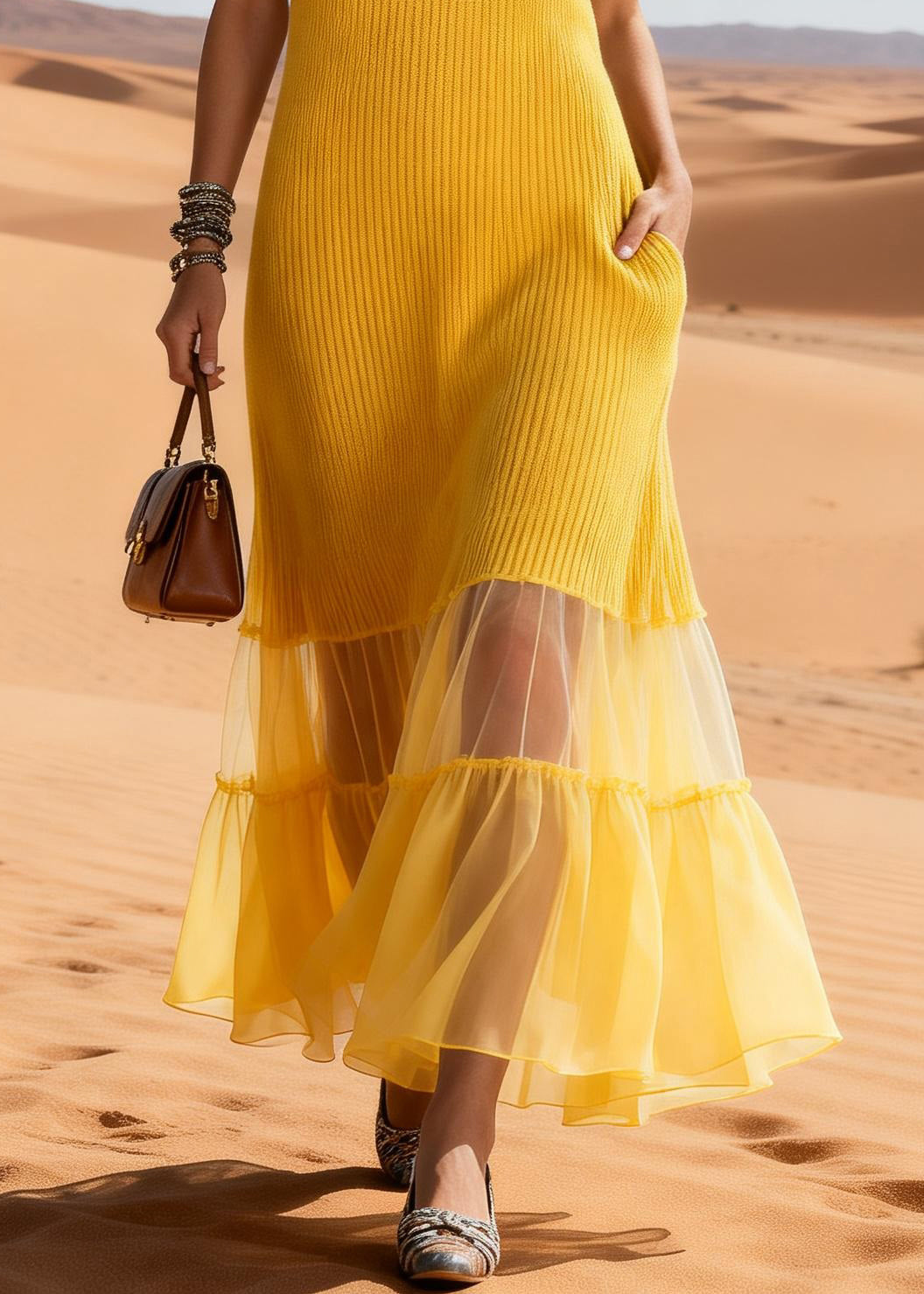 Elegant Yellow Ruffled Tulle Patchwork Knit Long Sweater Dress Sleeveless 4
