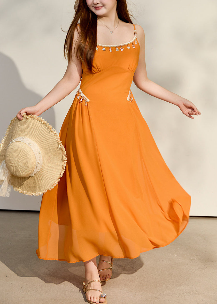 Elegant Yellow Tasseled Chiffon Spaghetti Strap Dress Summer