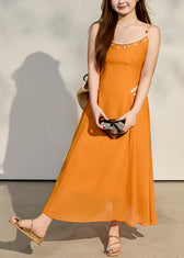 Elegant Yellow Tasseled Chiffon Spaghetti Strap Dress Summer 2