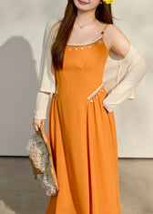Elegant Yellow Tasseled Chiffon Spaghetti Strap Dress Summer 4