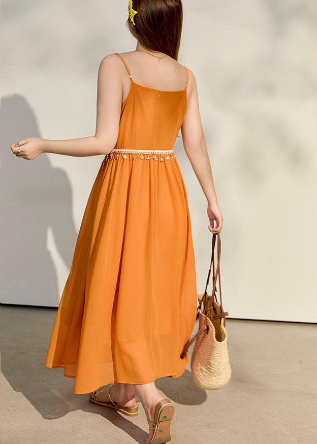 Elegant Yellow Tasseled Chiffon Spaghetti Strap Dress Summer 5