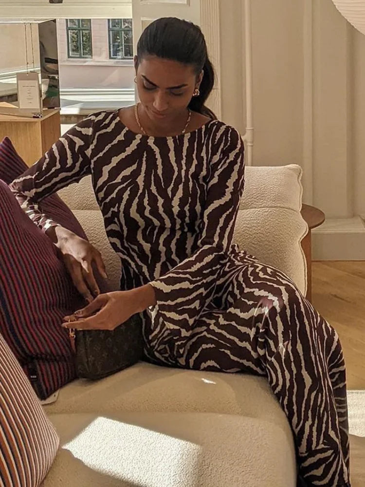 Timeless Zebra Print Long Sleeve Party Maxi Dress