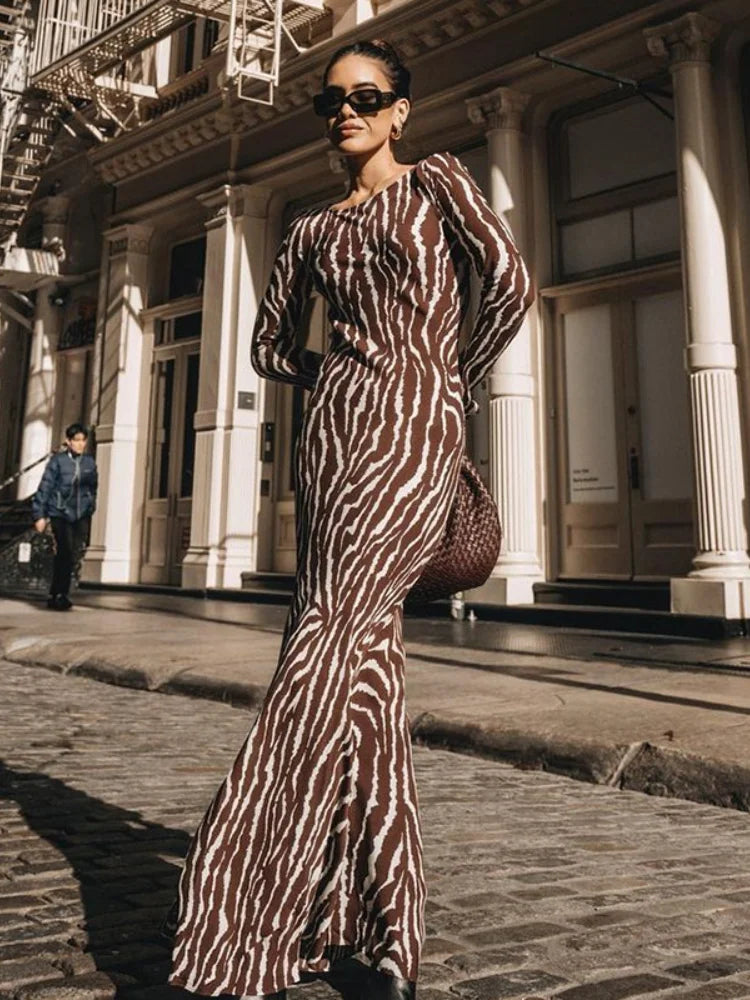 Timeless Zebra Print Long Sleeve Party Maxi Dress