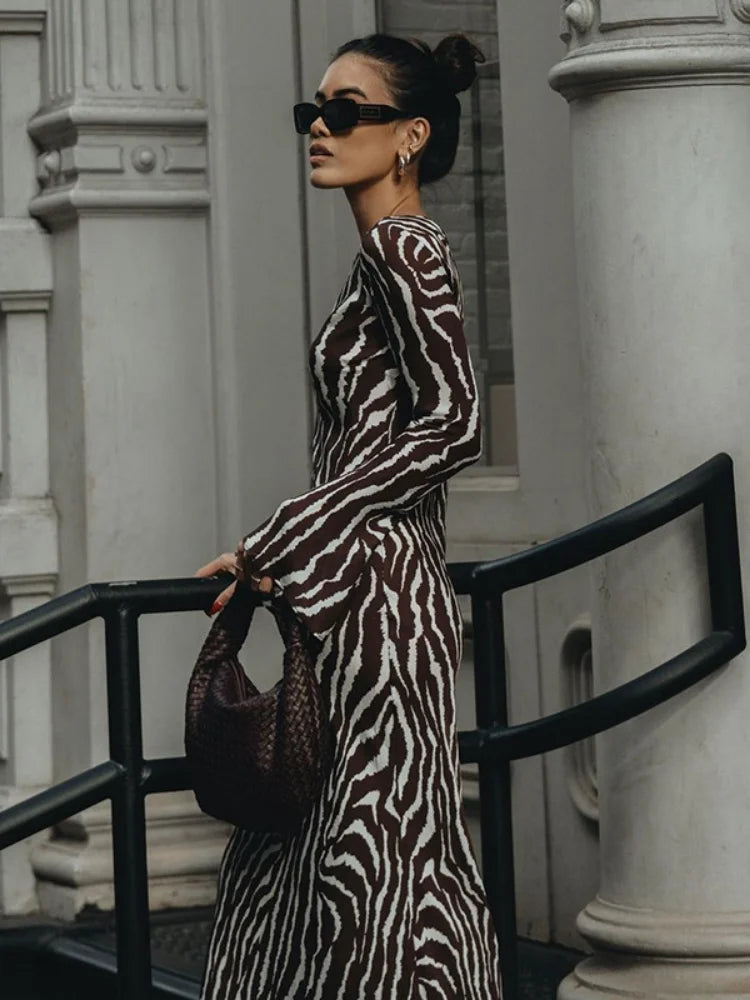 Timeless Zebra Print Long Sleeve Party Maxi Dress