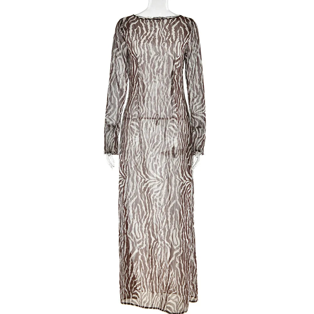 Timeless Zebra Print Long Sleeve Party Maxi Dress