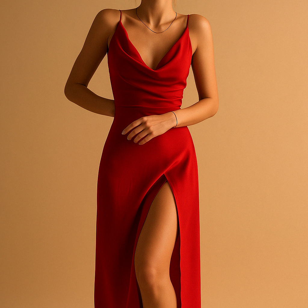 Cowl Neck Spaghetti Strap High Split Satin Maxi Dress 3