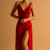 Cowl Neck Spaghetti Strap High Split Satin Maxi Dress 3