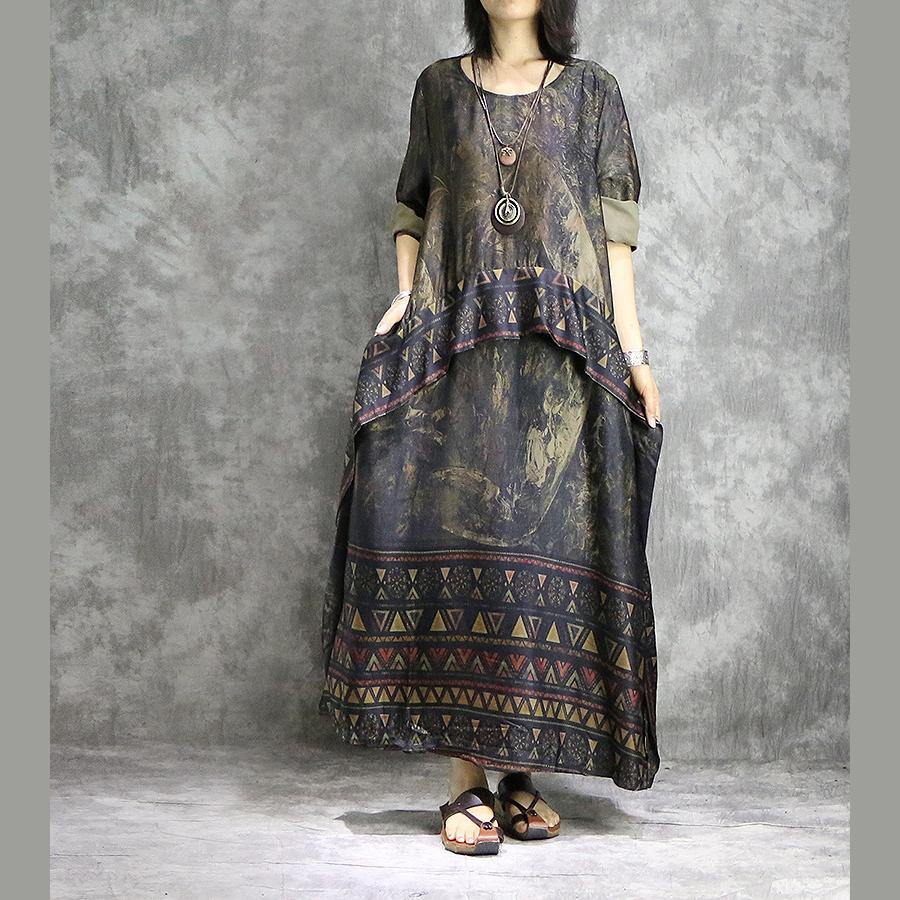 Geometric Triangle Print Border Panel Round Neck 3/4 Sleeve Pocket Oversized Maxi Dress