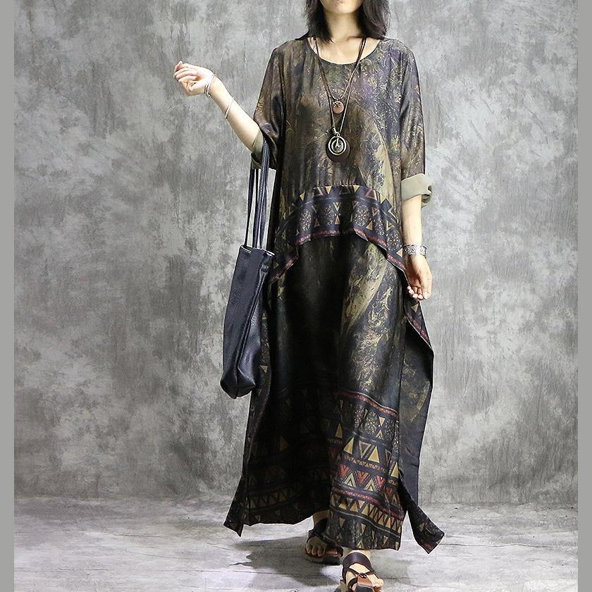 Geometric Triangle Print Border Panel Round Neck 3/4 Sleeve Pocket Oversized Maxi Dress