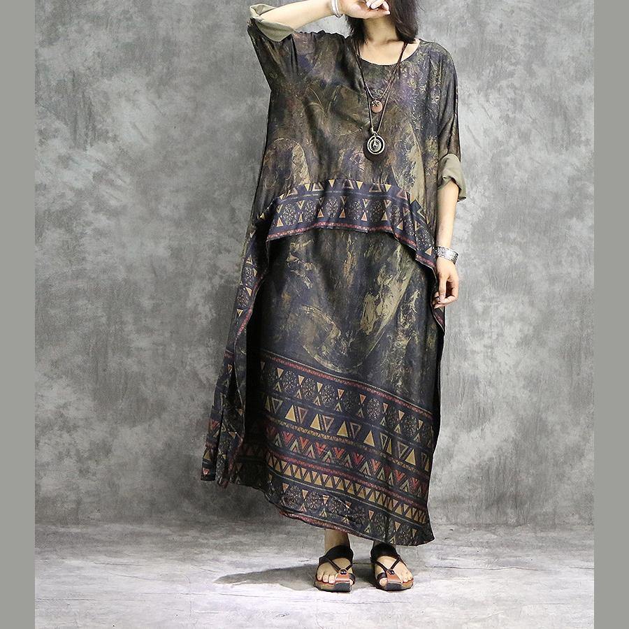 Geometric Triangle Print Border Panel Round Neck 3/4 Sleeve Pocket Oversized Maxi Dress