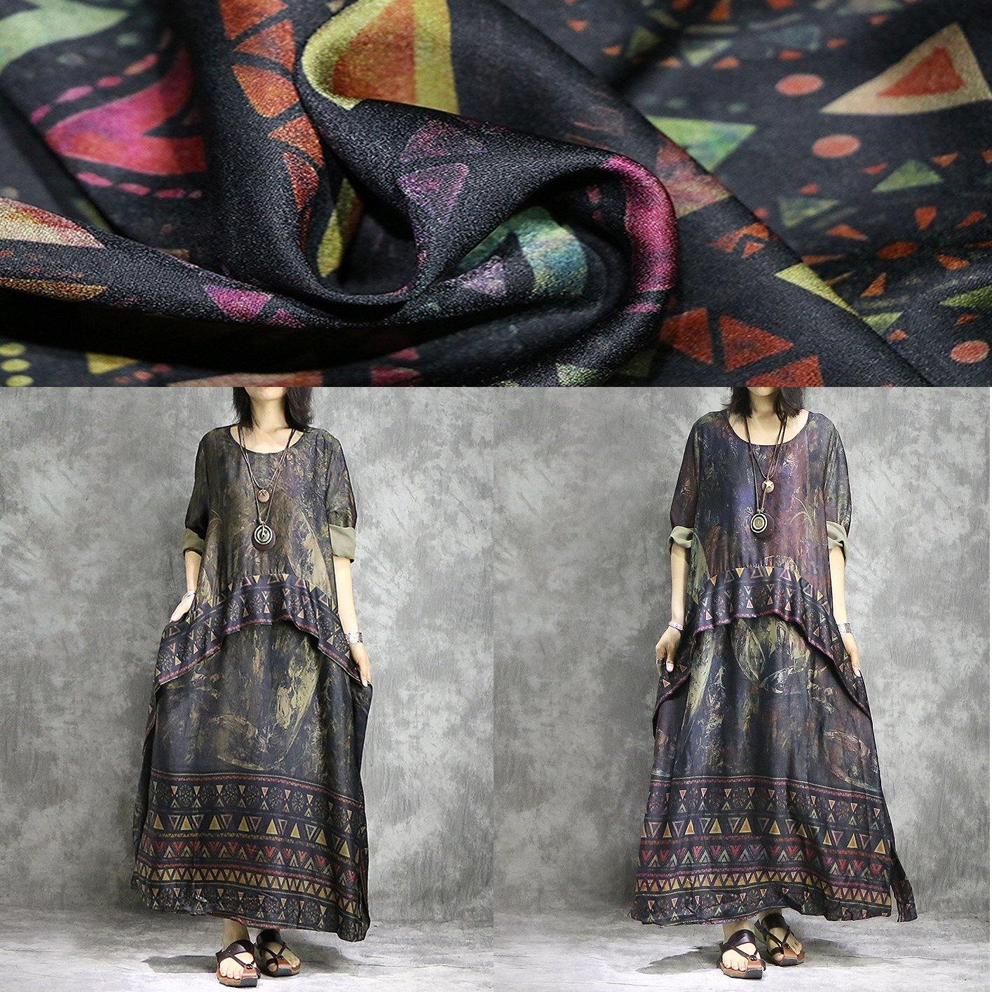 Geometric Triangle Print Border Panel Round Neck 3/4 Sleeve Pocket Oversized Maxi Dress