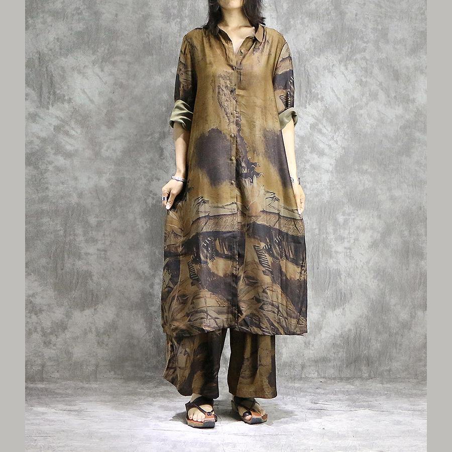 Elegant wide leg pant silk Tunics yellow two pieces Plus Size  Dress summer prints