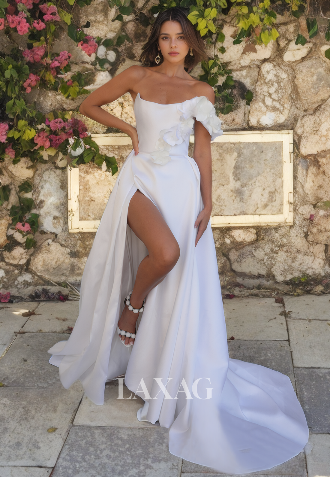 D Flower High Slit A-Line Strapless Wedding Dress Chapel Train