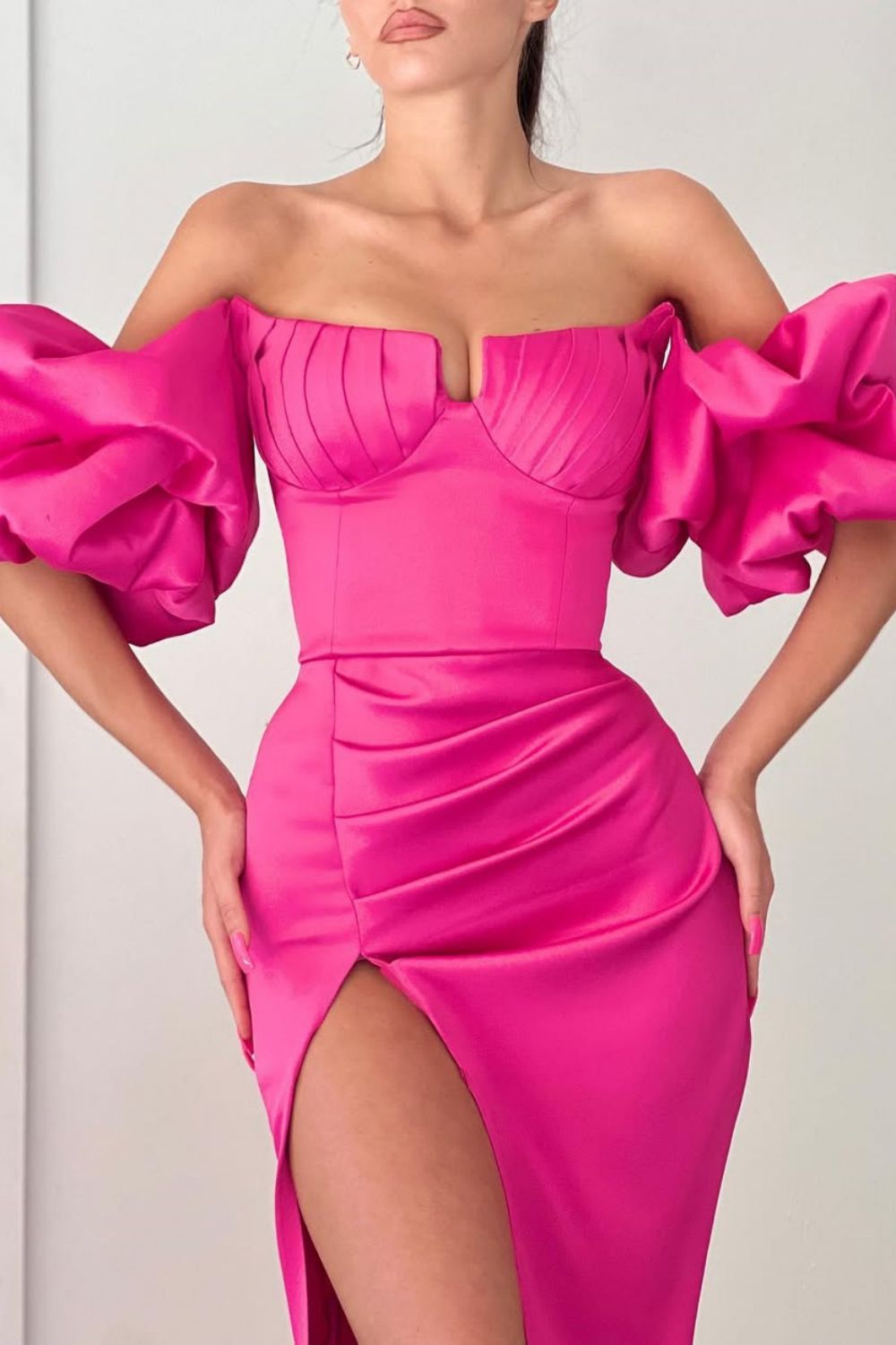 Elegant Hot Pink Mermaid Puff Sleeves Long Satin Formal Dress with Slit