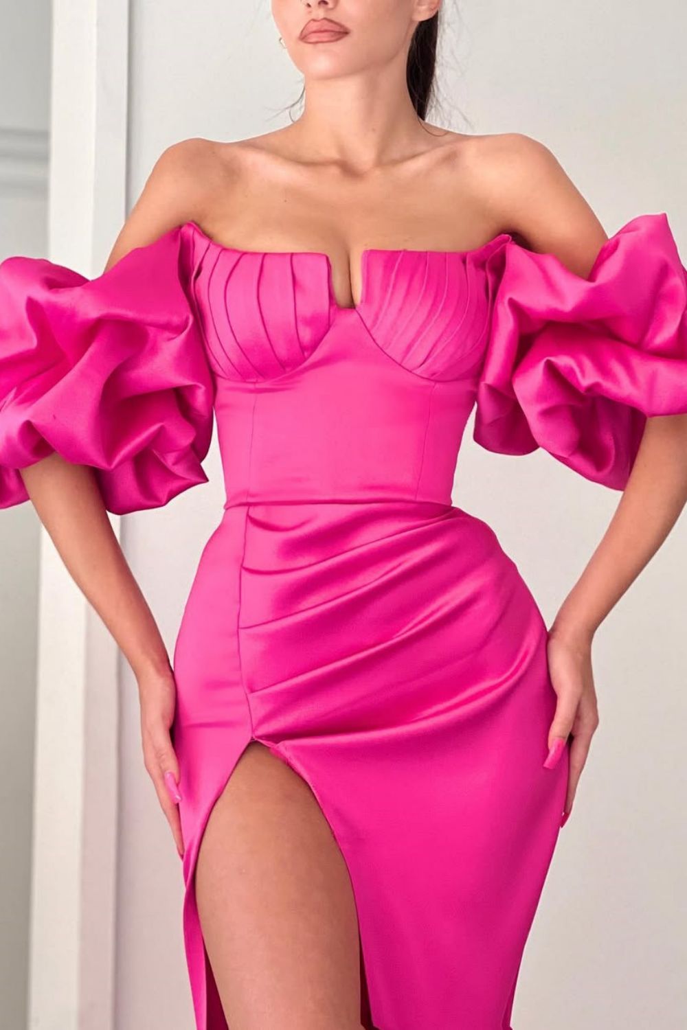 Elegant Hot Pink Mermaid Puff Sleeves Long Satin Formal Dress with Slit