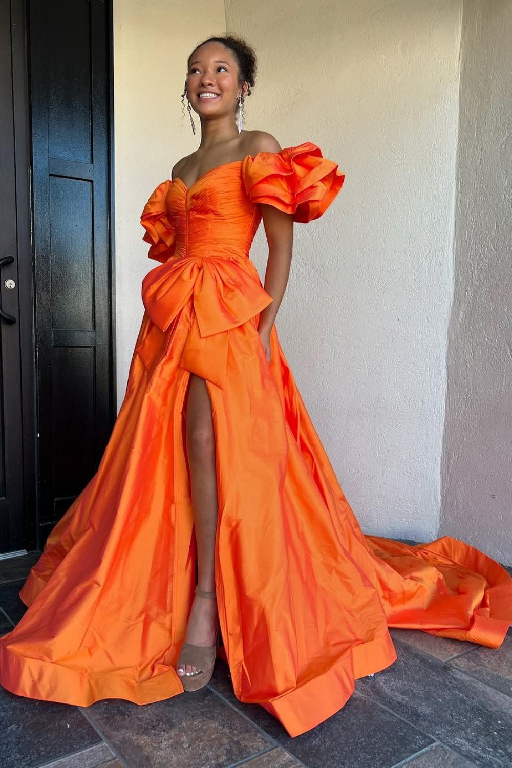 Elegant Orange A-Line Off The Shoulder Long Satin Prom Dress with Bowknot