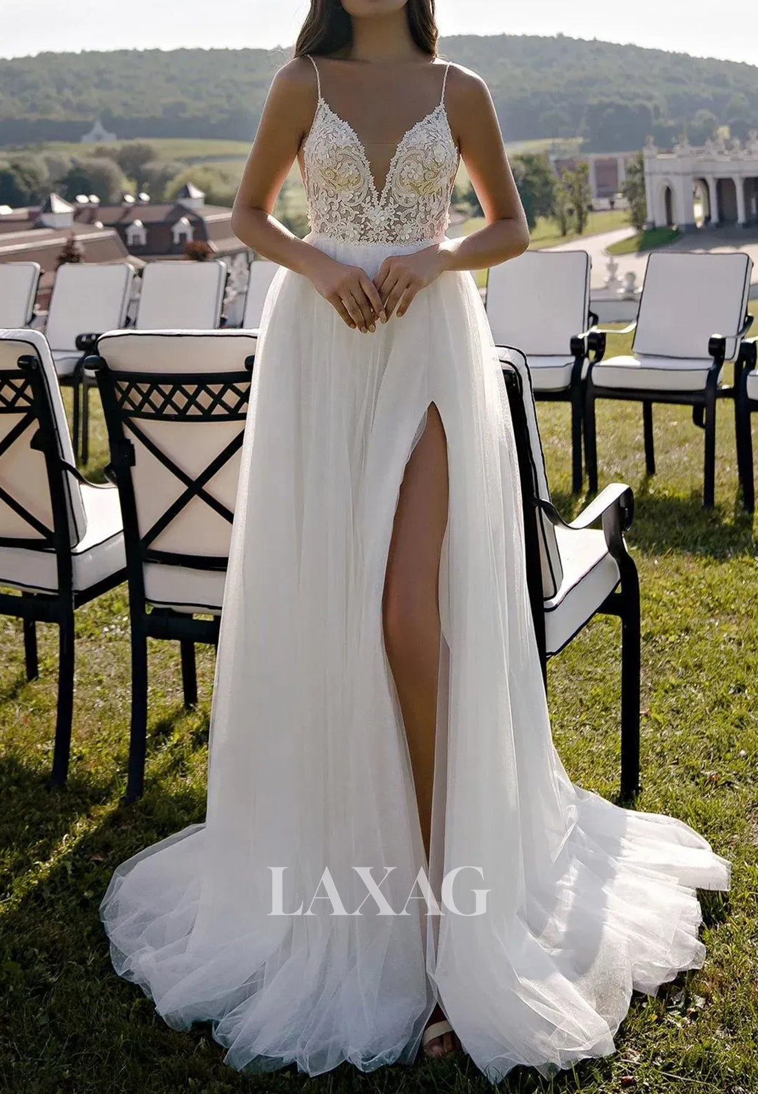 Deep V-Neck Sleeveless Tulle A-Line Wedding Dress Spaghetti Straps Applique Beaded Bride Gowns