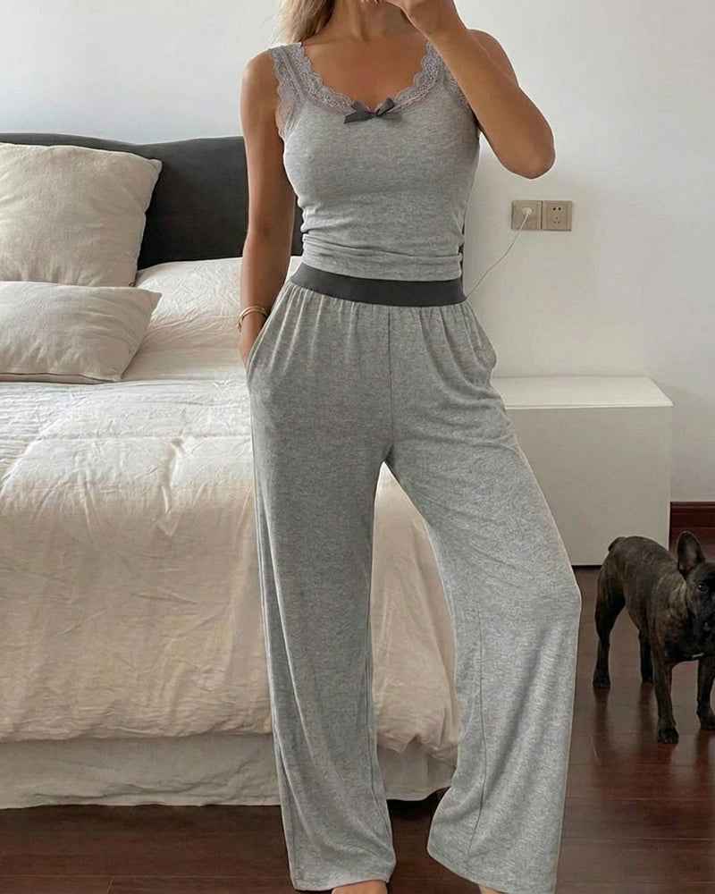 Women's Ribbed Pajama Set with Lace Accents | Soft & Comfortable Loung