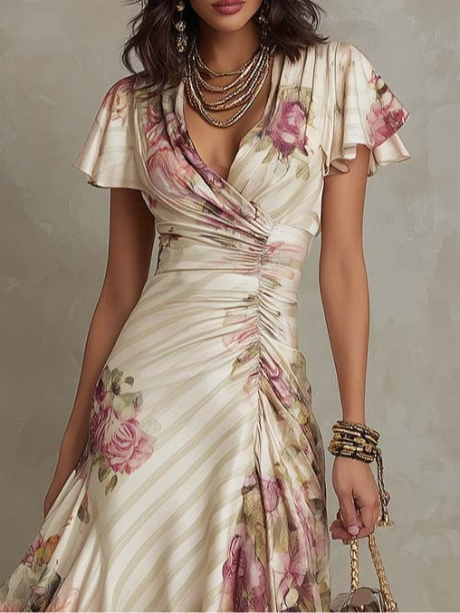 Floral V-Neck Flutter Sleeve Ruched Midi Dress 3