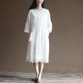 Elegant lace patchwrok white cotton dresses long sleeve maxi dress plus size cotton clothing