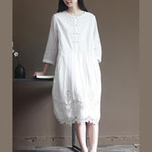 Elegant lace patchwrok white cotton dresses long sleeve maxi dress plus size cotton clothing 2