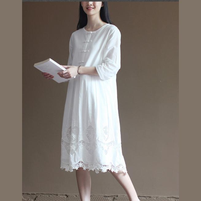 Elegant lace patchwrok white cotton dresses long sleeve maxi dress plus size cotton clothing 3