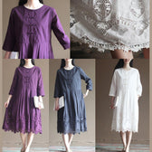 Elegant lace patchwrok white cotton dresses long sleeve maxi dress plus size cotton clothing 5
