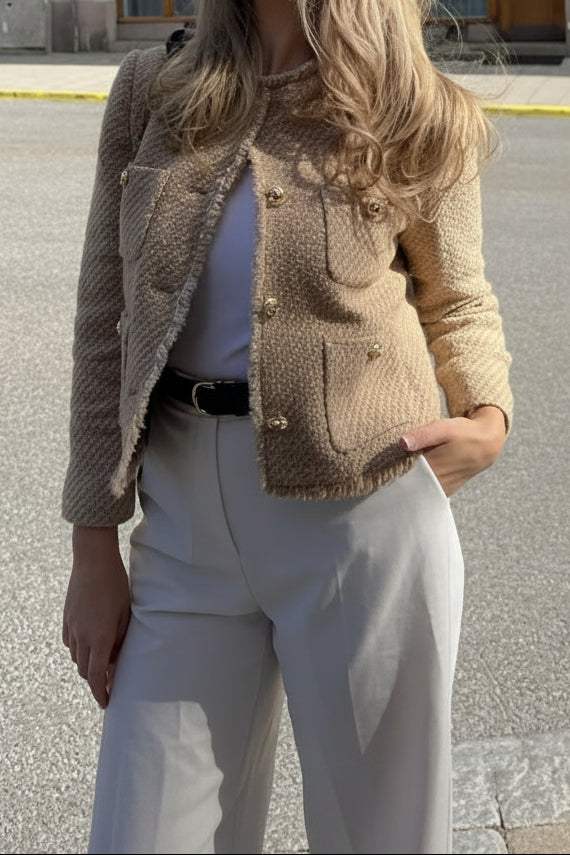 Frayed Trim Gold Button Collarless Tweed Jacket