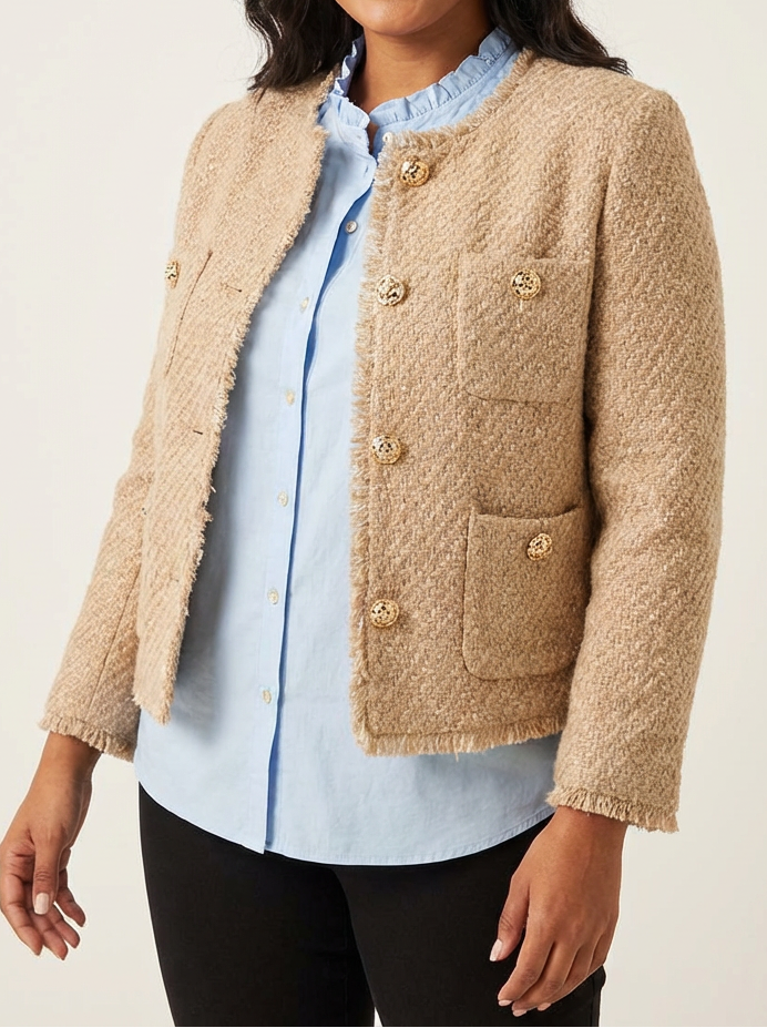 Collarless Frayed Trim Gold Button Tweed Jacket