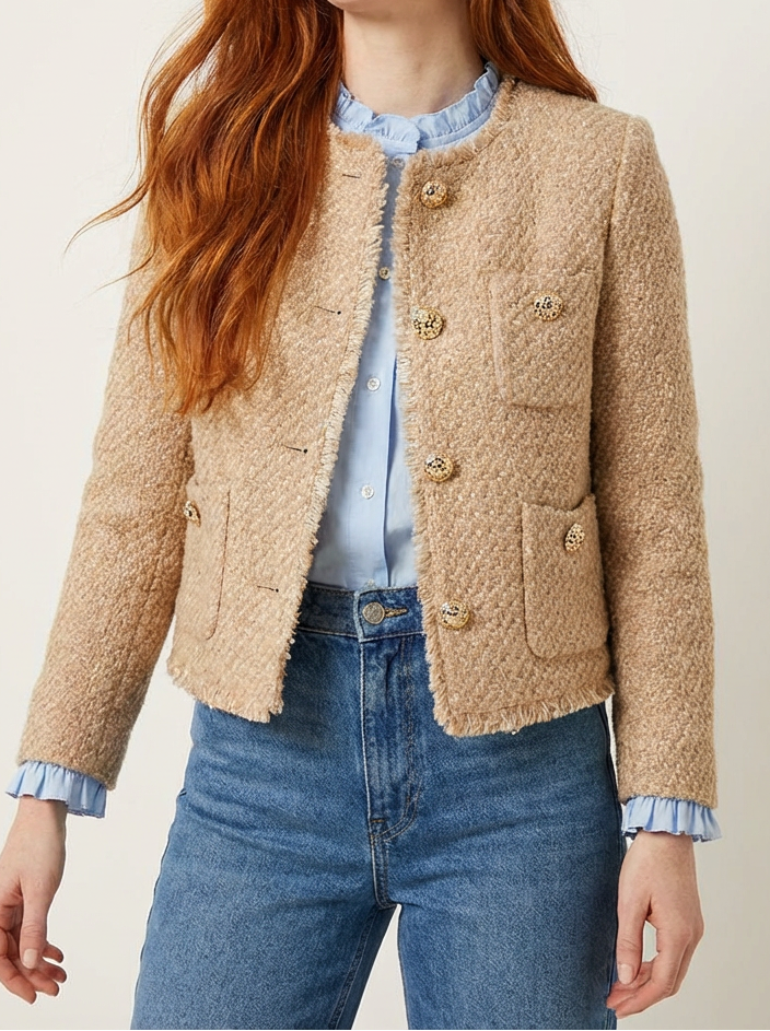 Collarless Frayed Trim Gold Button Tweed Jacket