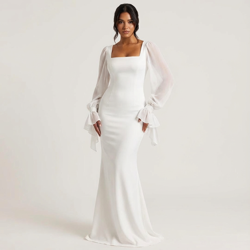 Satin Square Neck Long Sleeve Mermaid Maxi Dress