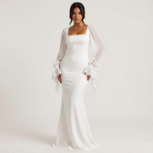 Satin Square Neck Long Sleeve Mermaid Maxi Dress