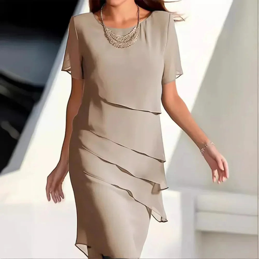 Round Neck Short Sleeve Tiered Ruffle Chiffon Midi Dress 2