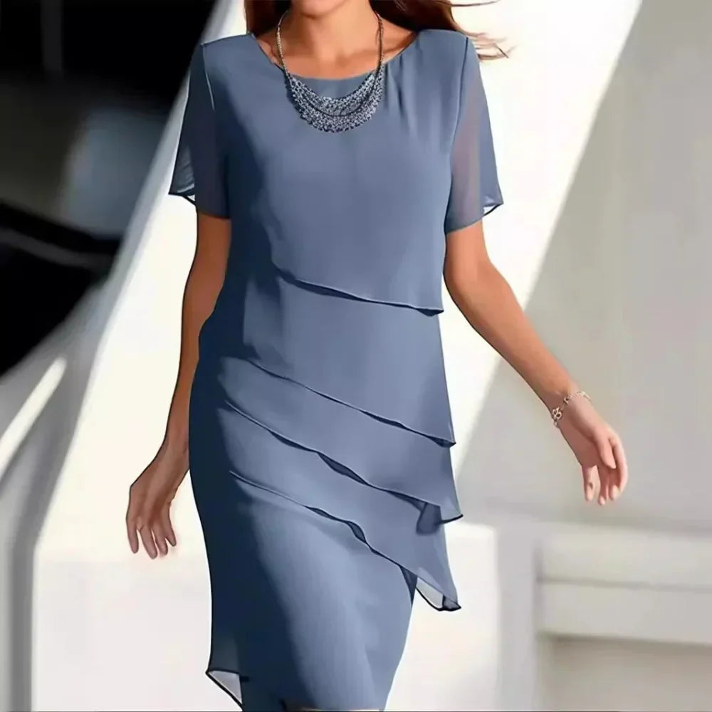 Round Neck Short Sleeve Tiered Ruffle Chiffon Midi Dress 3