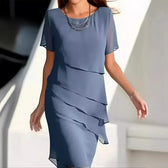 Round Neck Short Sleeve Tiered Ruffle Chiffon Midi Dress 3