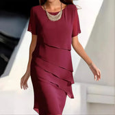 Round Neck Short Sleeve Tiered Ruffle Chiffon Midi Dress