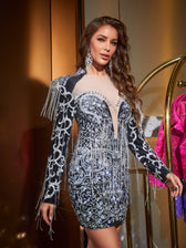 Elian Long Sleeve Glitter Rhinestone Fringe Mini Dress 5