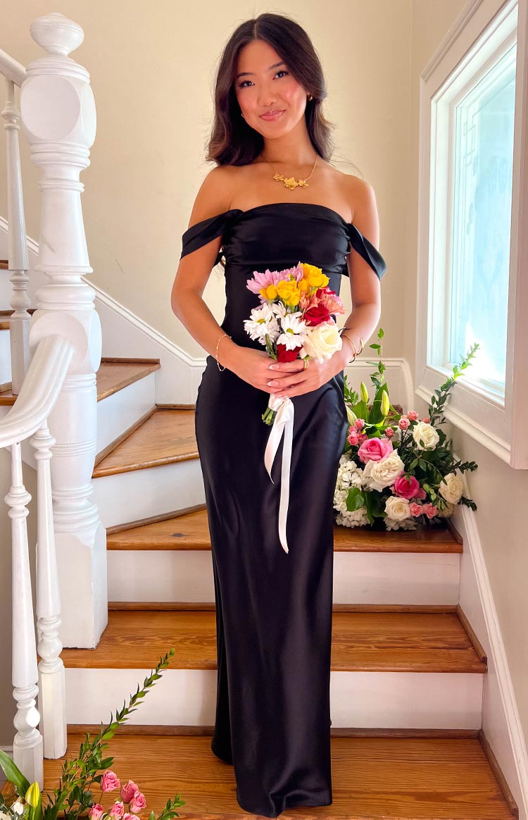 Satin Off Shoulder Draped Sleeve Bodycon Maxi Gown 9
