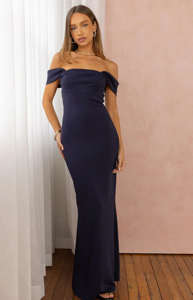 Ella Navy Off Shoulder Crepe Formal Maxi Dress